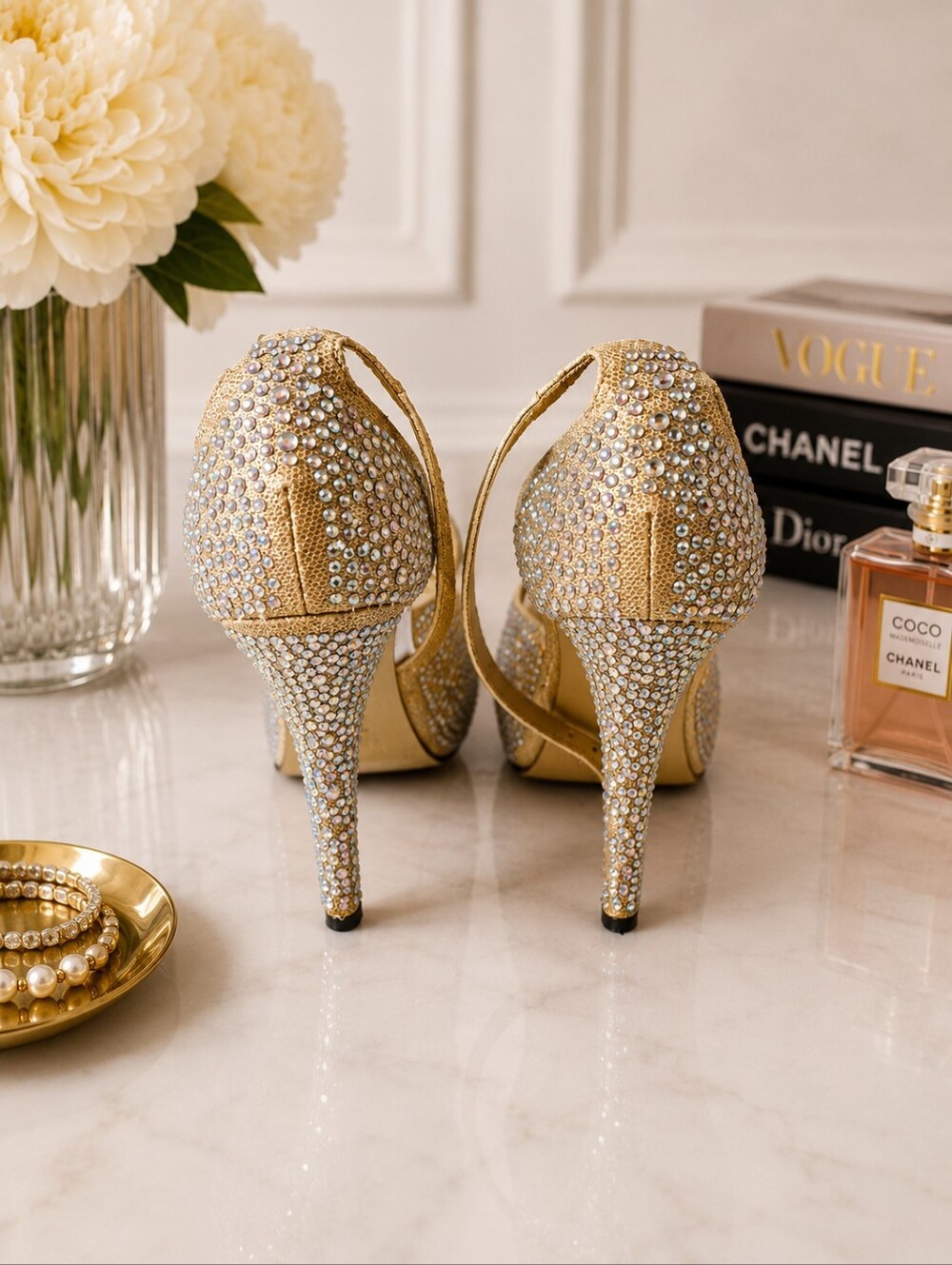 Gold Crystal Peep-Toe High Heels with Ankle Strap Bridal Prom - Picture 3 of 5